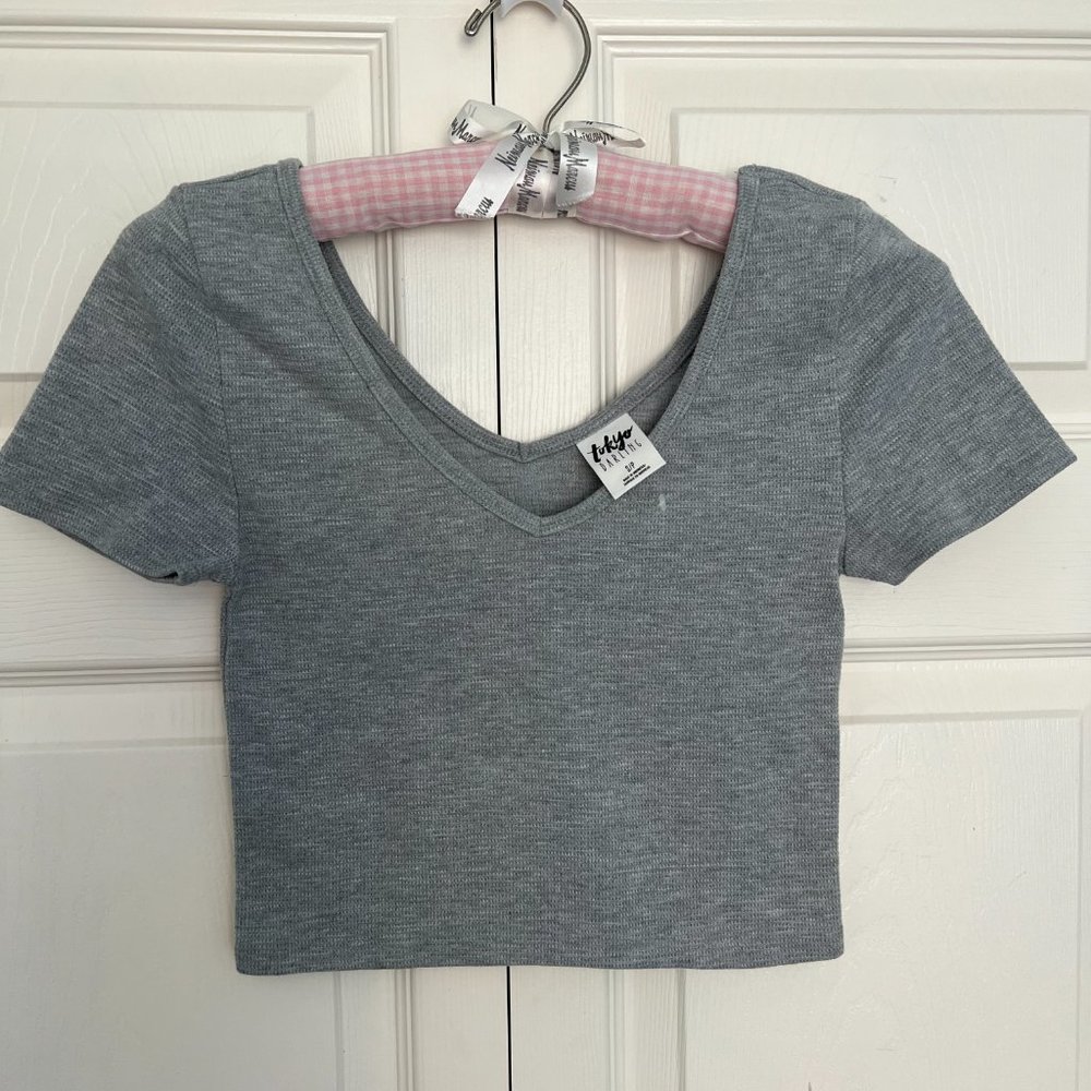 Gray Knit Double V Short Sleeve Crop Top by Tokyo Darling-Size S